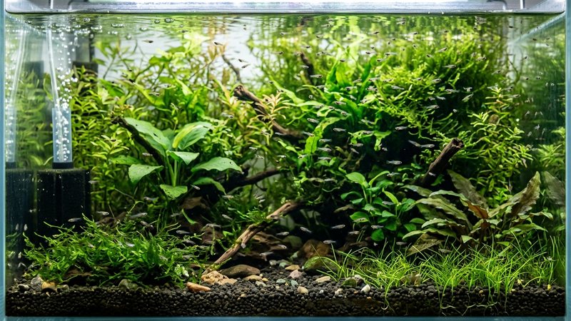 muchos alevines de betta creciendo en un acuario de cría plantado con agua cristalina