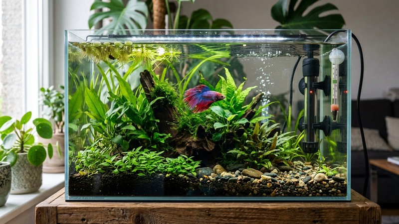 un acuario templado de betta con calentador y termómetro entre plantas verdes