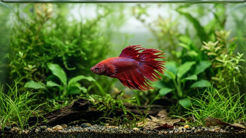 un betta nadando entre plantas suaves en agua tranquila sin corriente
