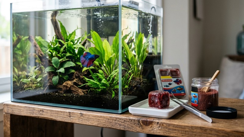 pienso específico para betta y comida congelada junto a un acuario