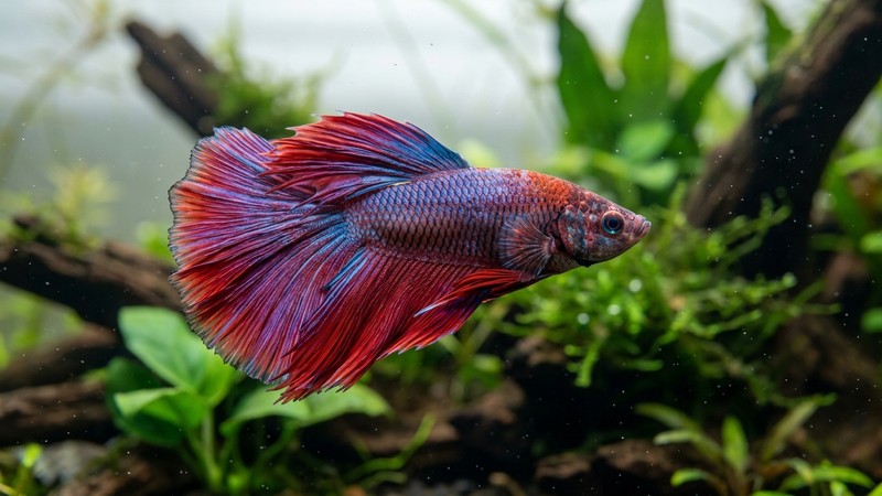 un primer plano de un betta con las aletas sanas y enteras en agua clara