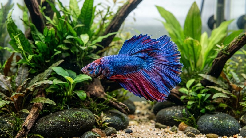 un betta con aletas pomposas y en buen estado nadando tranquilo