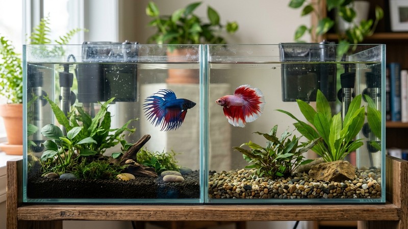 dos bettas machos en dos acuarios distintos separados por el cristal