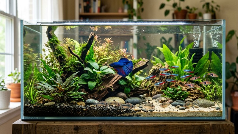 un acuario comunitario grande con un betta y peces pacíficos entre plantas