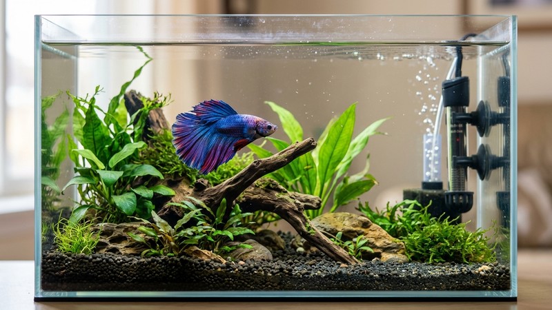 un betta en un acuario pequeño bien montado con calentador y agua limpia