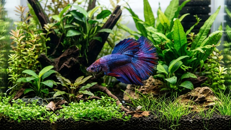 un betta precioso y sano luciendo sus colores en un acuario plantado