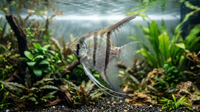 un pez de cuerpo alto y muy comprimido lateralmente con forma de disco estirado nadando de perfil en agua clara y bien iluminada
