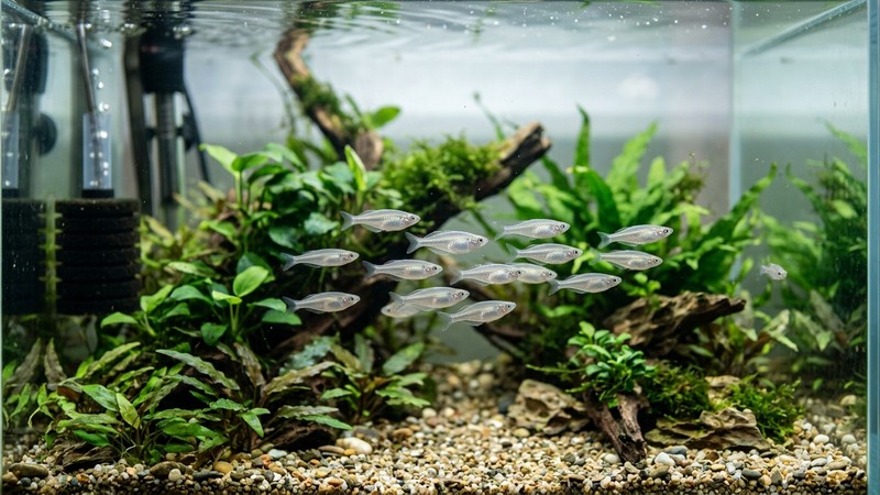 varios peces arcoíris juveniles plateados y sin color aún, pequeños, nadando en un acuario limpio de tienda