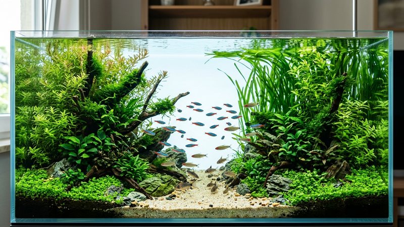 un acuario plantado con zonas verdes a los lados y al fondo y una amplia franja central de agua despejada para nadar