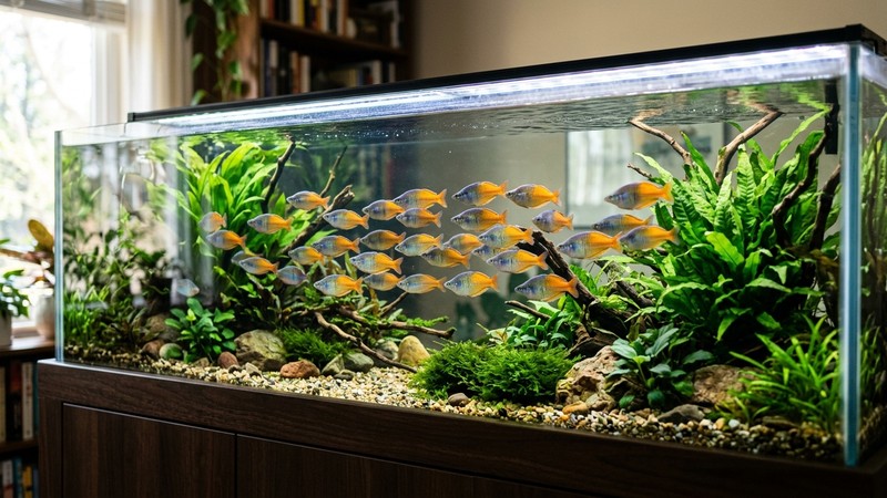 un acuario largo y espacioso con un cardumen de peces arcoíris de Boeseman recorriéndolo de punta a punta