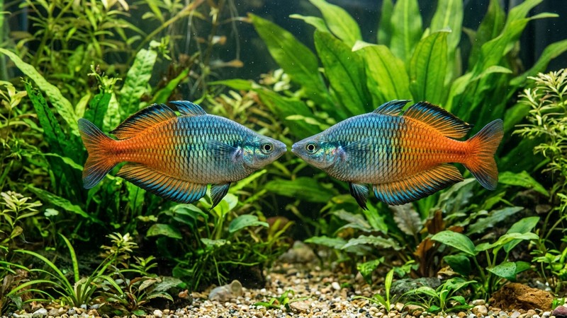 dos peces arcoíris de Boeseman machos exhibiéndose uno frente al otro con las aletas abiertas y el color muy intenso, compitiendo entre plantas