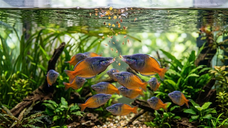 escamas de comida y pequeñas presas de artemia cayendo sobre la superficie de un acuario con peces arcoíris de Boeseman de color vivo acercándose