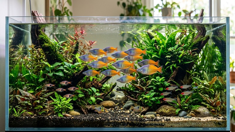 un acuario comunitario luminoso con un cardumen de peces arcoíris de Boeseman junto a otros peces medianos y activos entre plantas