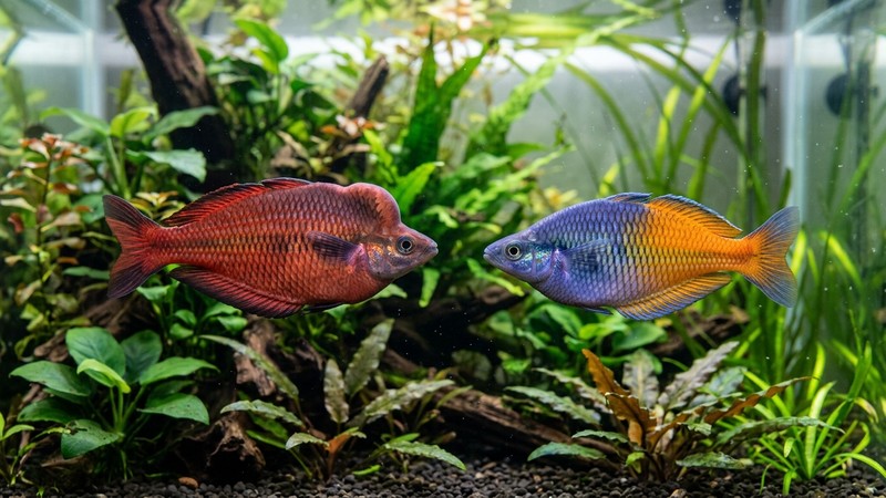 un pez arcoíris rojo salmón macho de color rojo intenso y joroba dorsal nadando junto a un arcoíris de Boeseman azul y naranja en un acuario plantado