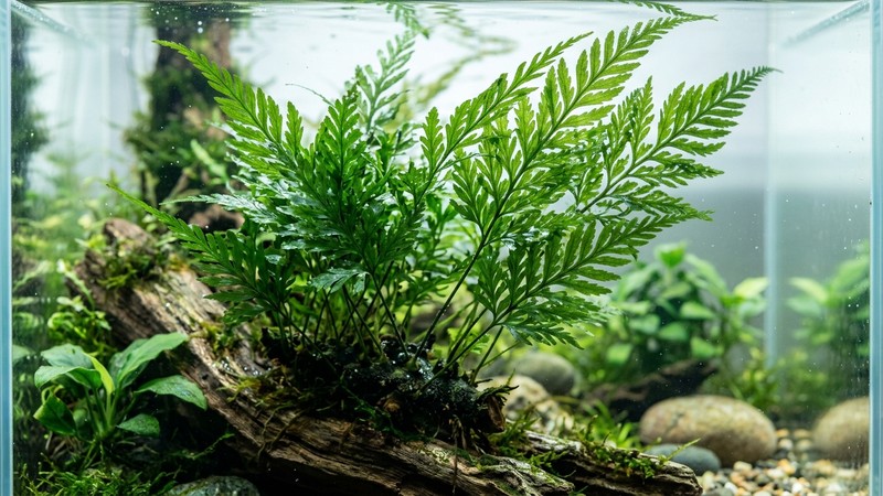 un primer plano de las hojas verde oscuro finamente recortadas y translúcidas de un helecho Bolbitis dentro de un acuario limpio de agua clara