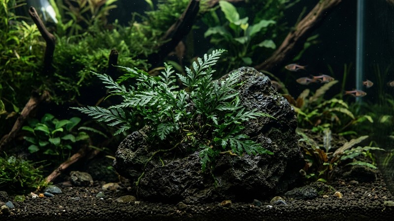 un helecho Bolbitis sobre una roca rugosa en una zona sombreada de un acuario plantado de agua muy cristalina