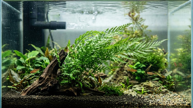 las frondas finas de un helecho Bolbitis movidas suavemente por la corriente de agua cerca de la salida del filtro de un acuario limpio
