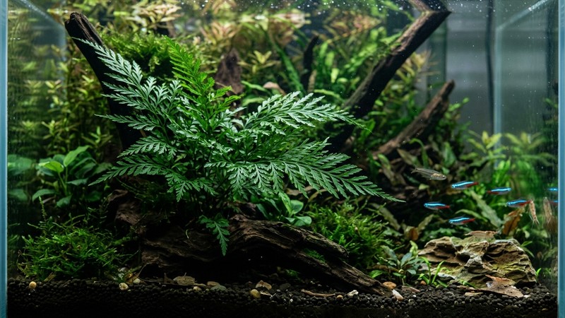 un helecho Bolbitis verde oscuro en una zona de sombra de un acuario plantado, con las hojas de encaje sanas y limpias
