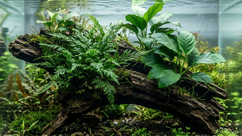 un helecho Bolbitis y varias anubias de hoja gruesa creciendo juntos sobre un mismo tronco en un acuario, mostrando el contraste de texturas