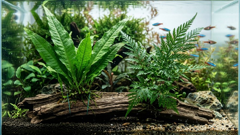 un helecho de Java de hoja ancha y un helecho Bolbitis de hoja fina uno junto al otro sobre una madera sumergida en un acuario de agua clara