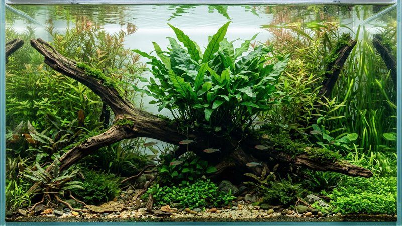 un helecho Bolbitis grande y frondoso adherido a una raíz de madera en un acuario de estilo selva, con aspecto de bosque sumergido y agua cristalina
