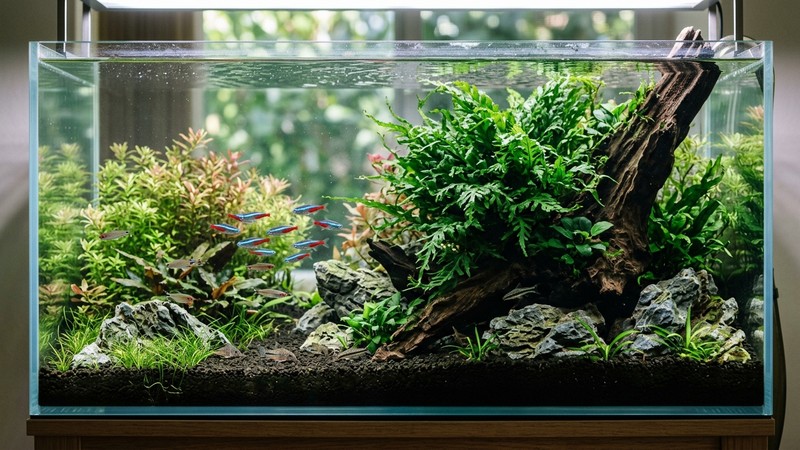 un acuario plantado sano y equilibrado con helechos Bolbitis de encaje verde oscuro sobre troncos y rocas, agua muy cristalina y peces tropicales tranquilos