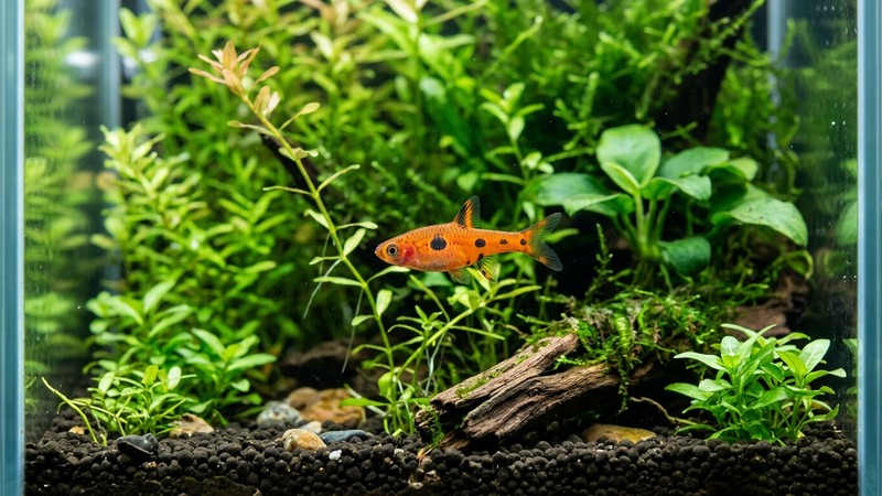una Boraras maculatus de color anaranjado con manchas negras redondeadas sobre el cuerpo, nadando en un nano-acuario plantado de agua clara con plantas verdes al fondo