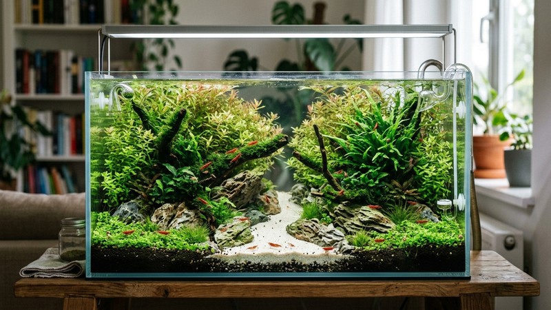 un nano-acuario plantado de 30 litros con plantas densas en el fondo y los laterales y un pasillo abierto en el centro, agua cristalina y ambiente tranquilo, sin peces grandes