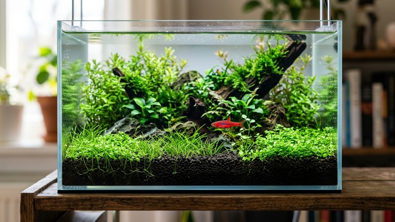 un nano-acuario con sustrato oscuro sobre el que un pequeño boraras rojo destaca con fuerza por el contraste, plantas verdes alrededor y agua limpia