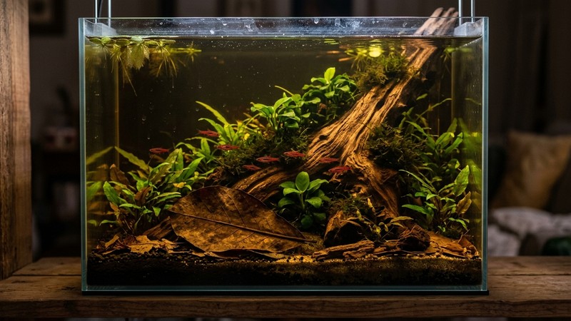 un nano-acuario de aguas negras teñidas de ámbar por los taninos, con una hoja de catappa marrón y una raíz de madera en el fondo, plantas verdes y agua tenue y cálida