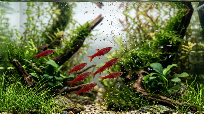 diminutas partículas de alimento micro y pequeños nauplios de artemia flotando en el agua cristalina de un nano-acuario mientras varios boraras rojos suben a alimentarse