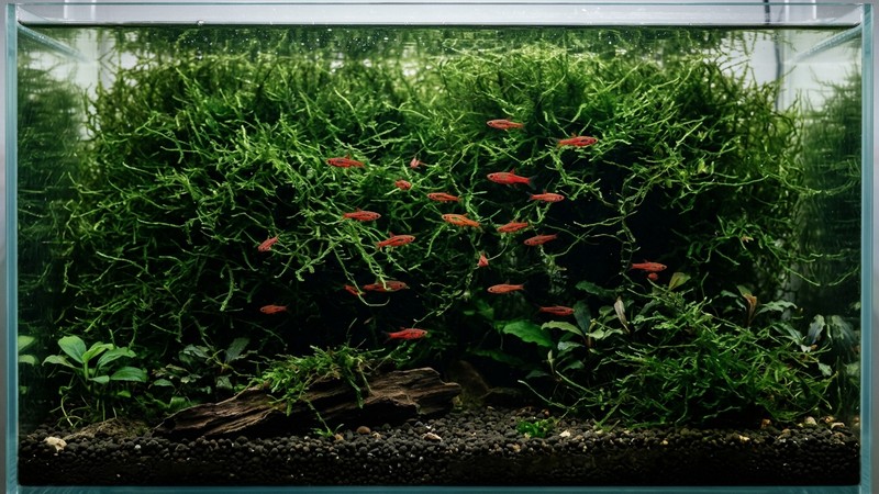 una mata densa de musgo verde de Java cubriendo el fondo de un nano-acuario plantado de aguas oscuras, agua limpia y transparente, con pequeños peces rojos explorando entre las hebras