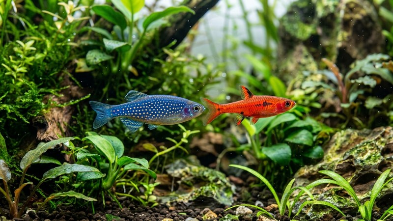 un boraras rojo escarlata y un danio perla de cuerpo azul cubierto de puntos dorados nadando juntos en un nano-acuario plantado, mostrando el contraste entre el pez rojo y el azul estrellado