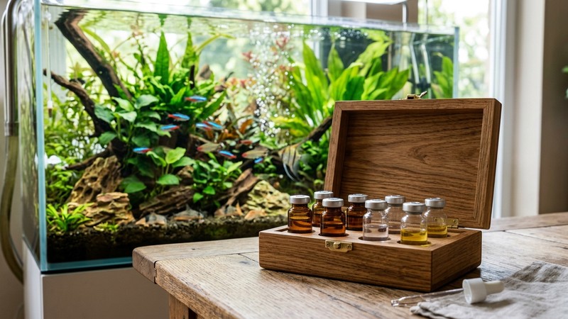 un pequeño set de frascos de tratamiento genéricos ordenados en reposo dentro de una caja de madera abierta sobre una mesa, junto a un acuario limpio y sano al fondo
