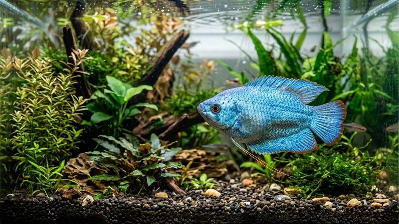 un pez de agua dulce vigoroso y sano en primer plano, escamas brillantes y aletas extendidas, nadando en agua cristalina de un acuario plantado