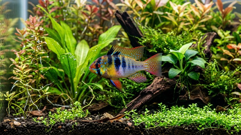 un pez sano y colorido de perfil, aletas intactas y piel limpia, en un acuario plantado de agua transparente