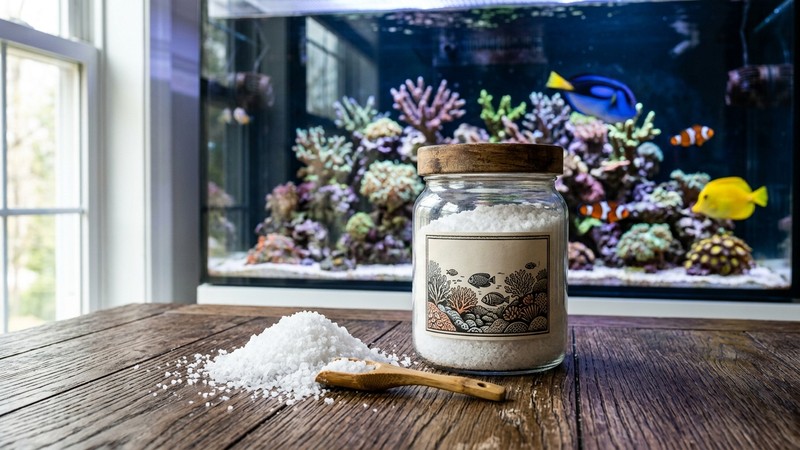 un frasco de sal específica para acuario en reposo sobre una mesa de madera, con un pequeño montículo de cristales de sal al lado y un acuario cristalino al fondo