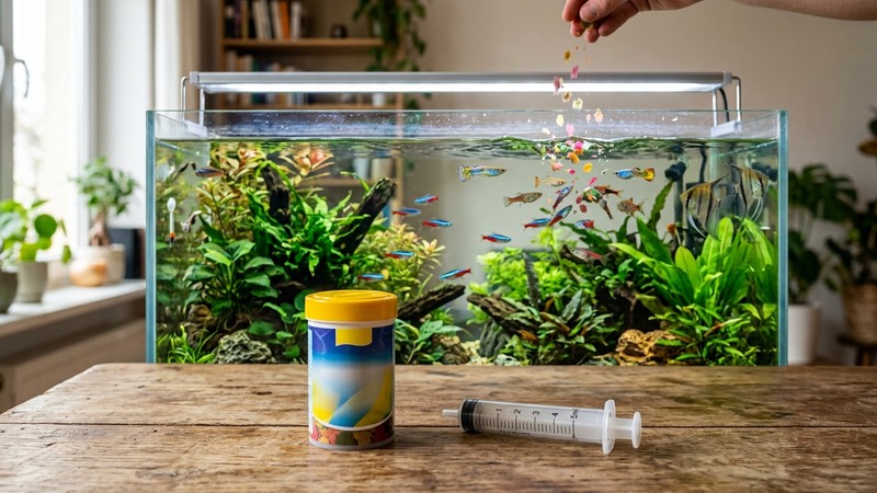 un frasco de alimento en escamas y una jeringa dosificadora en reposo sobre una mesa, junto a un acuario sano, con escamas de comida cayendo sobre la superficie del agua