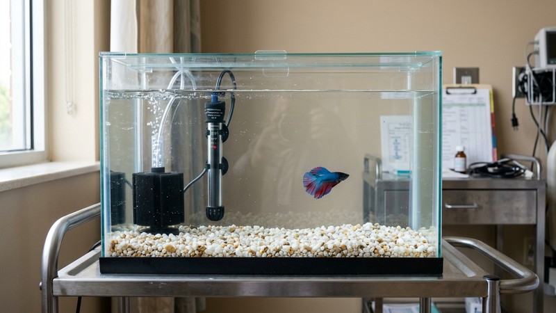 un acuario hospital sencillo y limpio, un recipiente rectangular transparente con un filtro de esponja y un calentador, con un solo pez sano dentro y agua muy clara