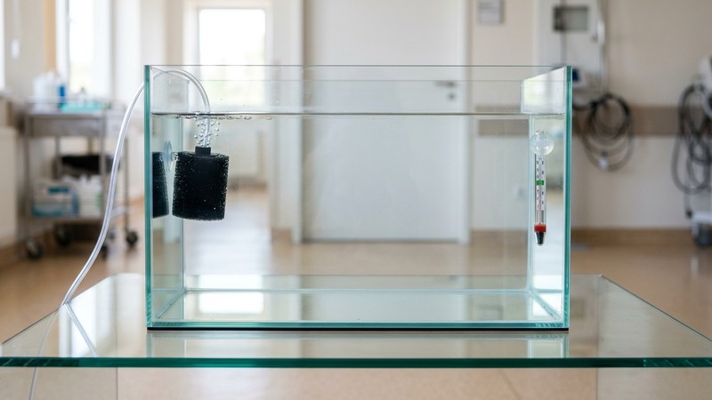 un acuario hospital vacío y transparente de agua nueva y cristalina, con un filtro de esponja y un termómetro, sobre una mesa despejada