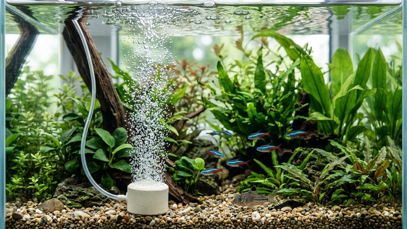 un difusor de aire liberando finas burbujas en un acuario limpio de agua cristalina, con una piedra difusora y burbujas ascendiendo