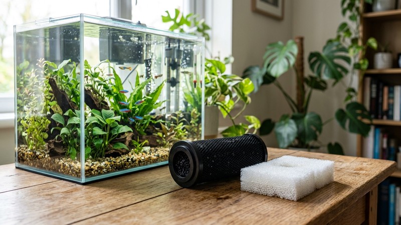 un cartucho de carbón activado y una esponja de filtro en reposo sobre una mesa junto a un acuario cristalino, con los gránulos negros visibles