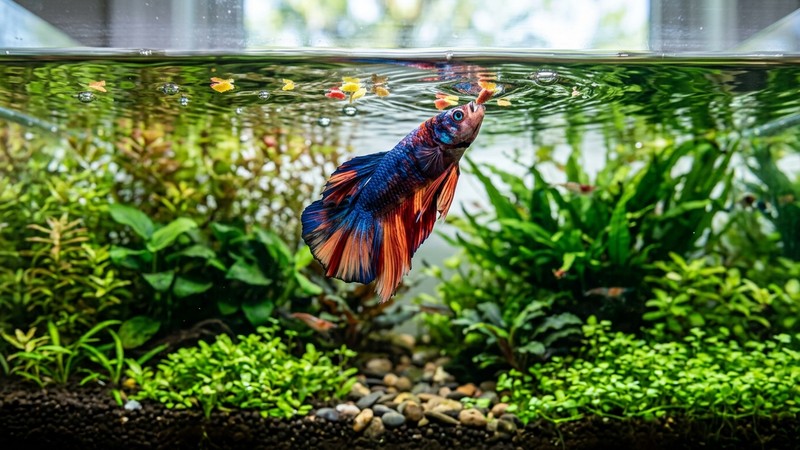 un pez sano y activo comiendo en la superficie de un acuario plantado de agua cristalina, con escamas de alimento flotando