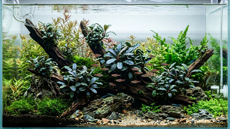 un acuario plantado con varias bucephalandras de hojas pequeñas, gruesas y compactas de color verde oscuro con reflejos azulados, atadas a rocas y troncos, con agua cristalina