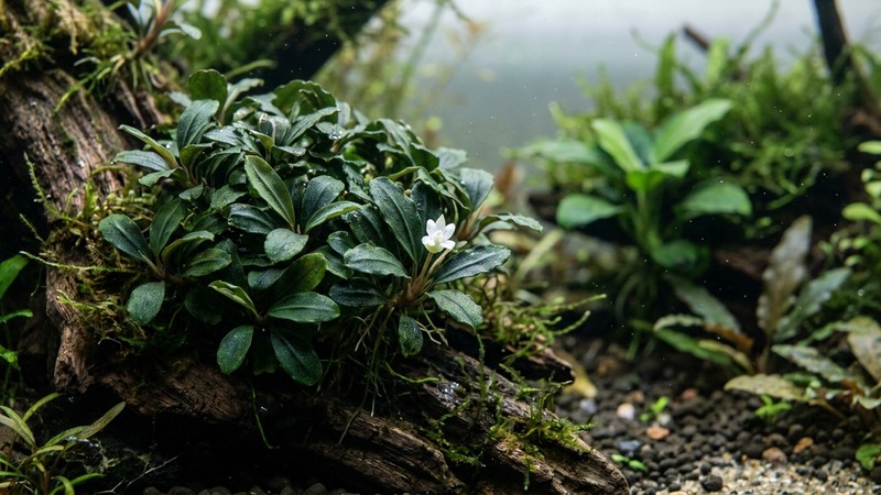 una bucephalandra con una pequeña florecita blanca efímera asomando entre sus hojas compactas de color verde oscuro