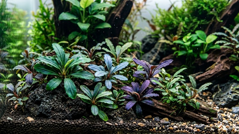 varias variedades de bucephalandra de distintos tonos, verde, azulado y púrpura, agrupadas en primer plano dentro de un acuario