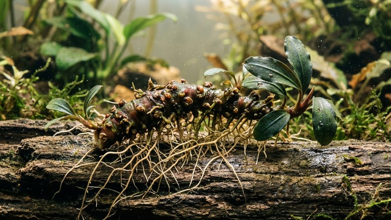 un primer plano del rizoma grueso de una bucephalandra apoyado sobre un tronco sin enterrar, con sus raíces finas visibles