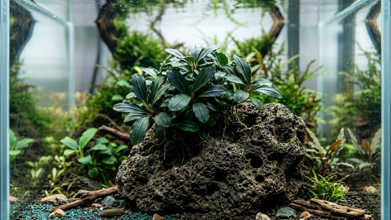 una bucephalandra de hojas gruesas y compactas verde oscuro atada a una roca porosa dentro de un acuario limpio