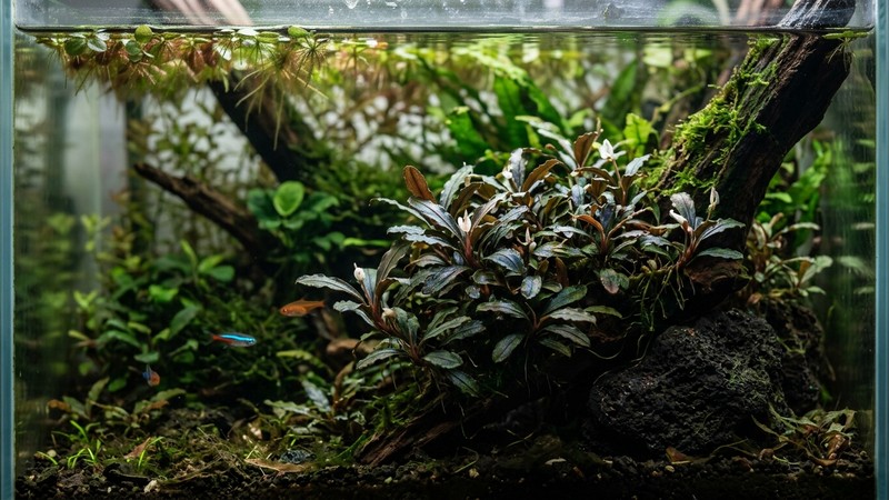 una bucephalandra creciendo en semisombra en un lateral de un acuario sencillo, con luz suave y filtrada por otras plantas