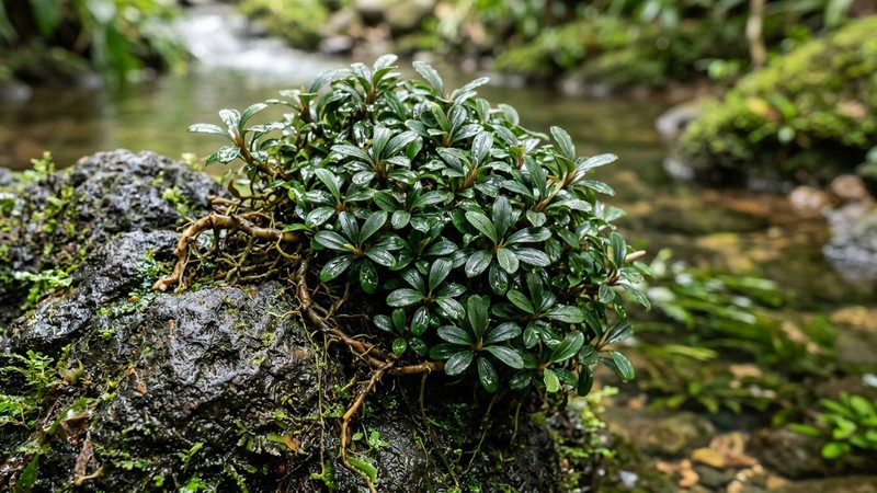 un primer plano de una bucephalandra madura de hojas pequeñas y compactas verde oscuro, sana y bien asentada sobre una roca